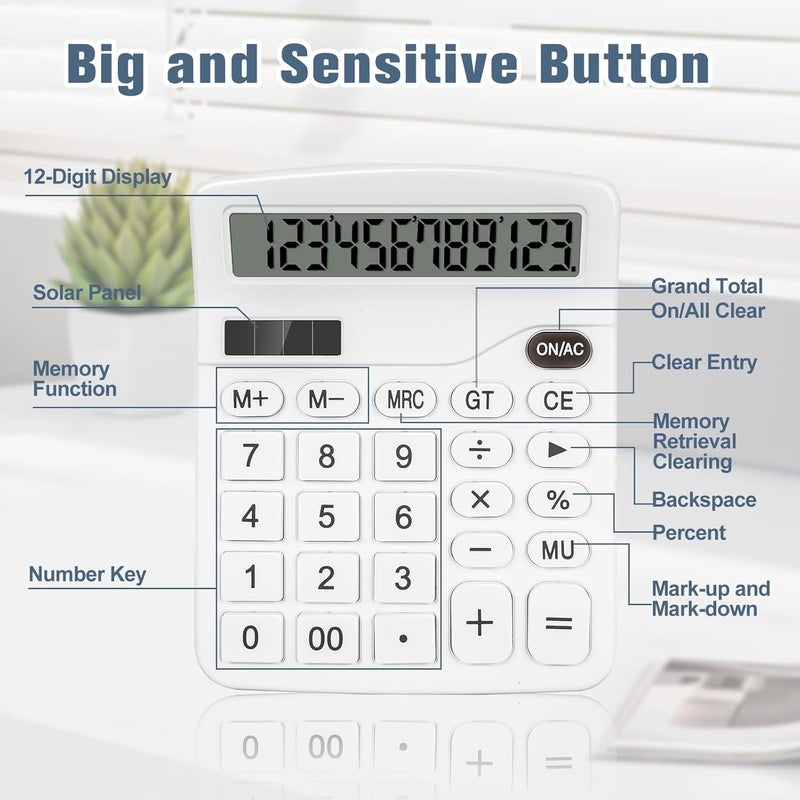 HUTUDD Desktop Calculator, White Calculator Big Buttons, 12-Digits Large LCD Display, Solar and AA Battery Dual Power, Desk Calculators for Office Home School Business Class (White) - Image 5